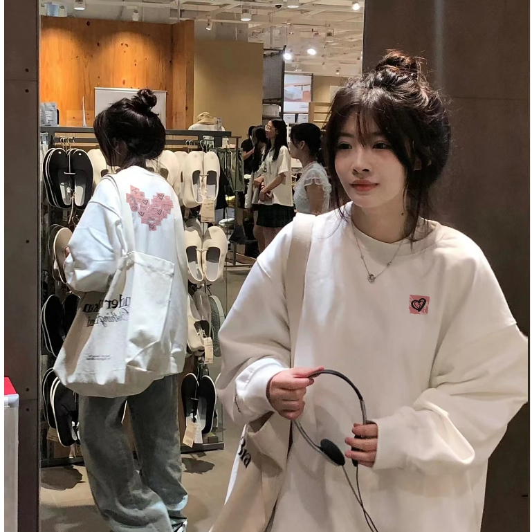 FOCUS local brand fashion hình trái tim Trắng long sleeve áo nỉ sweater nữ unisex oversized levents 100%cotton