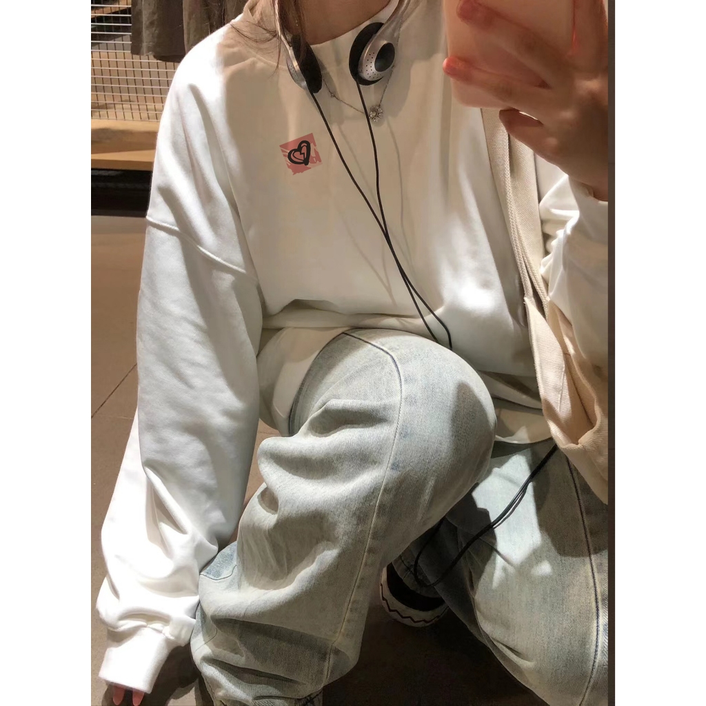 FOCUS local brand fashion hình trái tim Trắng long sleeve áo nỉ sweater nữ unisex oversized levents 100%cotton