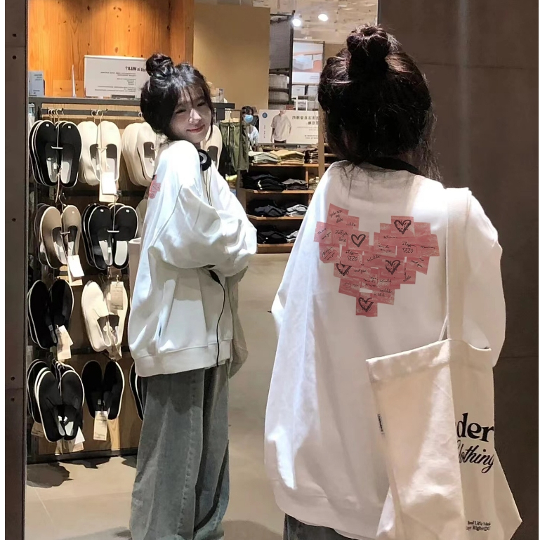 FOCUS local brand fashion hình trái tim Trắng long sleeve áo nỉ sweater nữ unisex oversized levents 100%cotton