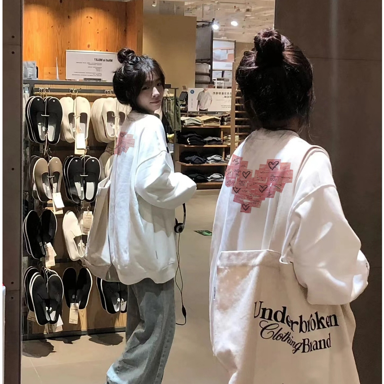 FOCUS local brand fashion hình trái tim Trắng long sleeve áo nỉ sweater nữ unisex oversized levents 100%cotton