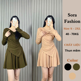 Set Áo Trễ Vai Quần Váy Ống Rộng Sora,Set áo Lệch Vai Cổ Thuyền Mix Quần Váy Chất Liệu Thun Mềm 100