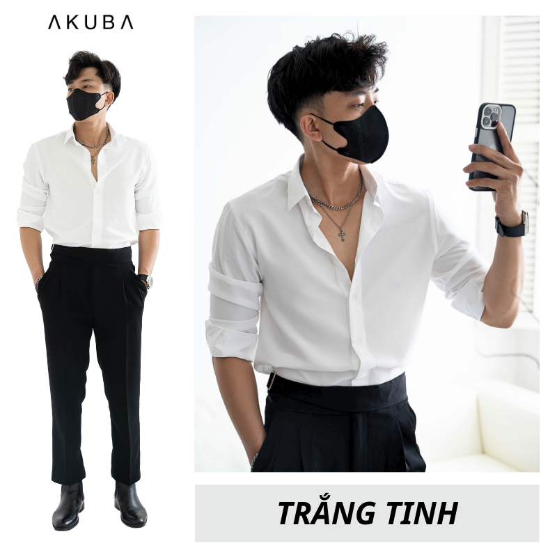 Áo sơ mi trắng nam AKUBA tay dài đi học, đi làm form slimfit, vải lụa không nhăn, thấm hút mồ hôi tốt 01AB2044