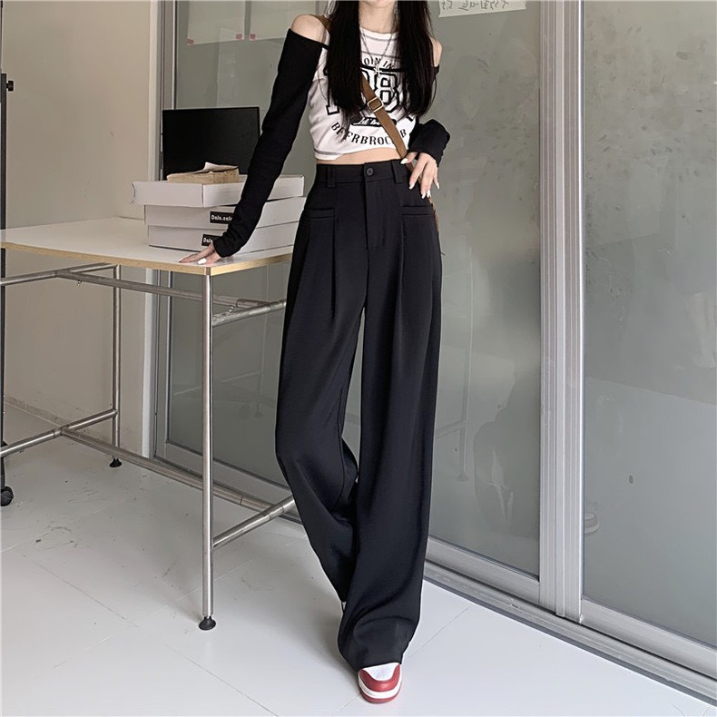 Quần ống rộng nữ cạp cao dáng đứng, quần ống suông nữ lưng cao túi trước vải Ruby dày dặn dáng culottes cá tính
