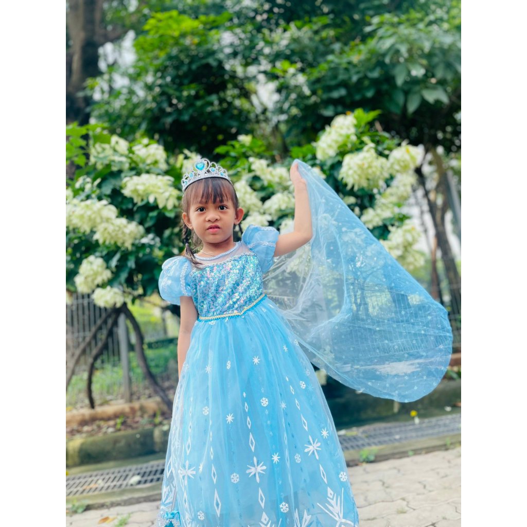 Đầm công chúa bé gái Elsa mau xanh mẫu mới 2023 kèm tà dài siêu xinh