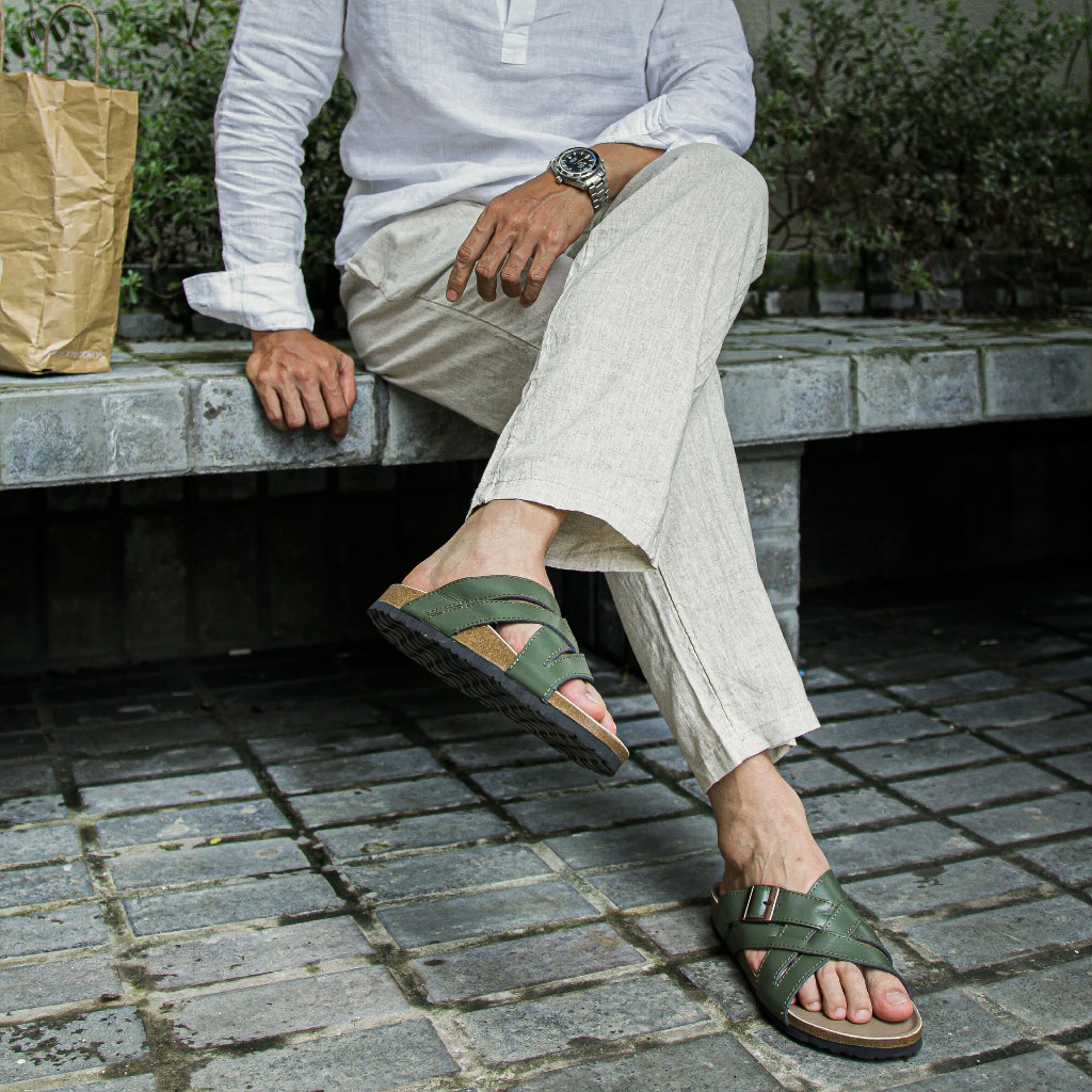 Dép Trấu Nam Knit Unisex Trấu Đan Chất Liệu Da Bò Xanh Oliu May Âm Đế - Thương Hiệu Steeler