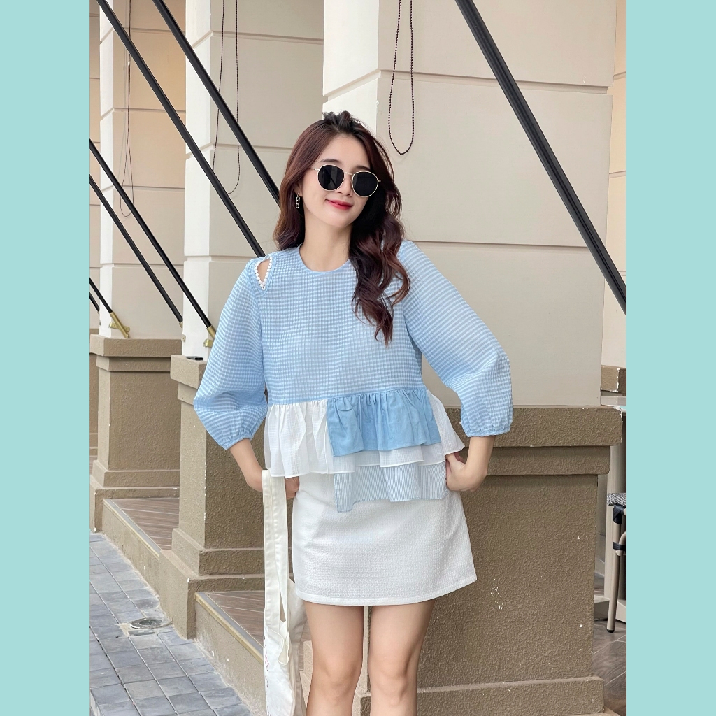 Áo Babydoll ODS thiết kế, viền ren bi, cổ tròn, tay phồng lỡ, thời trang, trẻ trung - BZ6