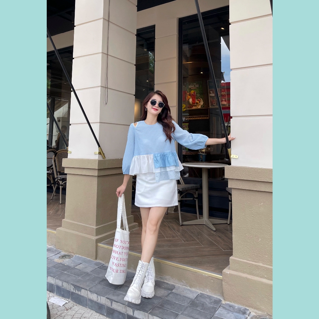 Áo Babydoll ODS thiết kế, viền ren bi, cổ tròn, tay phồng lỡ, thời trang, trẻ trung - BZ6