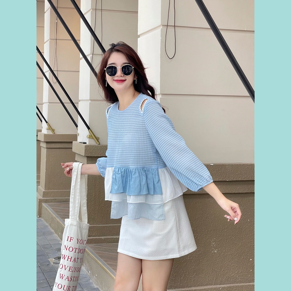 Áo Babydoll ODS thiết kế, viền ren bi, cổ tròn, tay phồng lỡ, thời trang, trẻ trung - BZ6