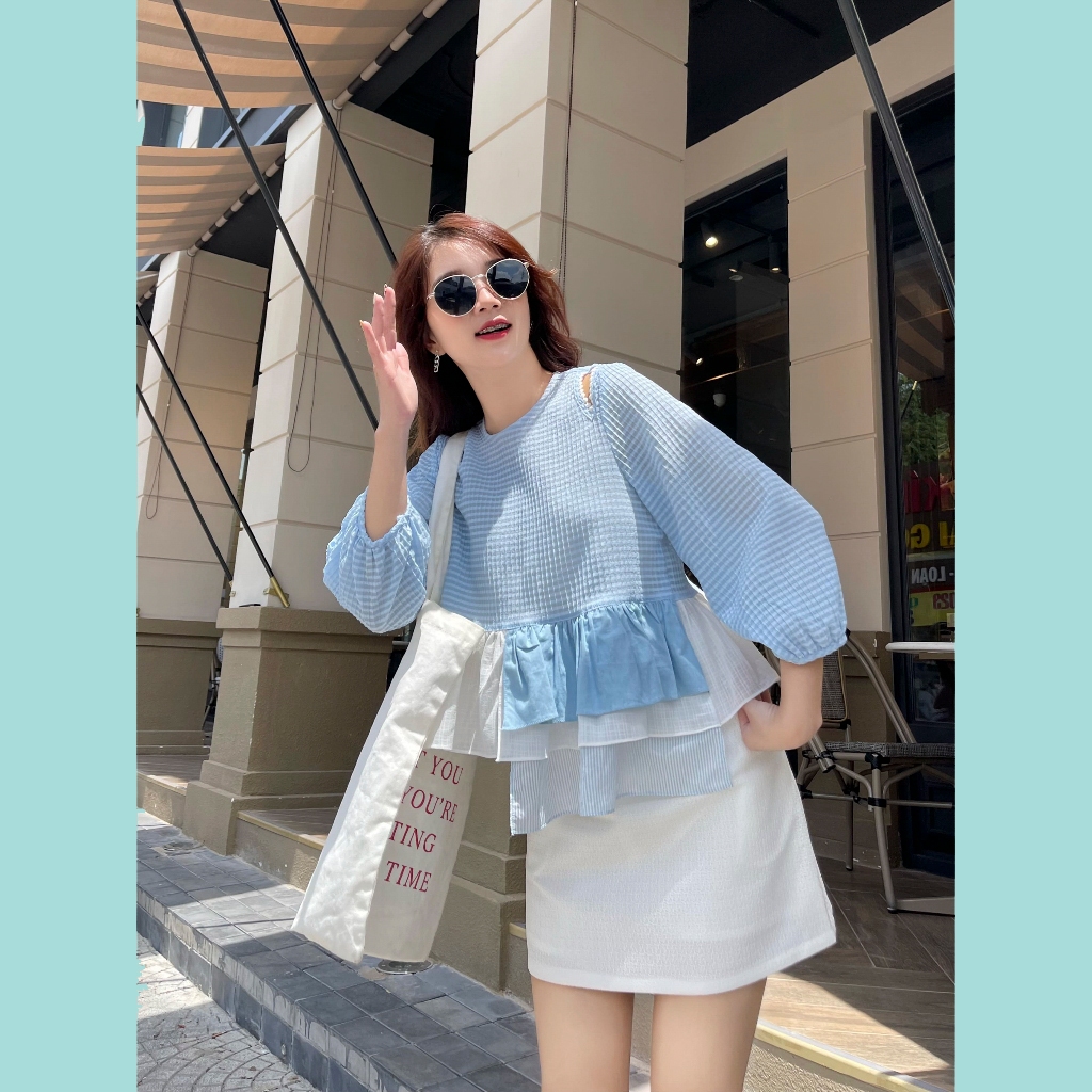 Áo Babydoll ODS thiết kế, viền ren bi, cổ tròn, tay phồng lỡ, thời trang, trẻ trung - BZ6