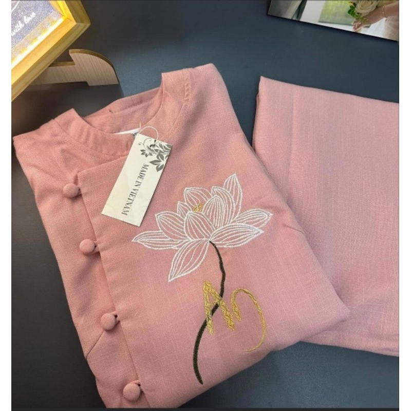 ĐỒ LAM ĐI CHÙA - BỘ NỮ THÊU SEN CHẤT VẢI LINEN MỀM MỊN CAO CẤP