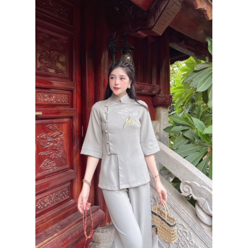 ĐỒ LAM ĐI CHÙA - BỘ NỮ THÊU SEN CHẤT VẢI LINEN MỀM MỊN CAO CẤP