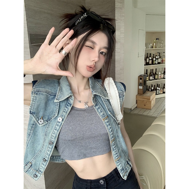 Áo gile jean croptop