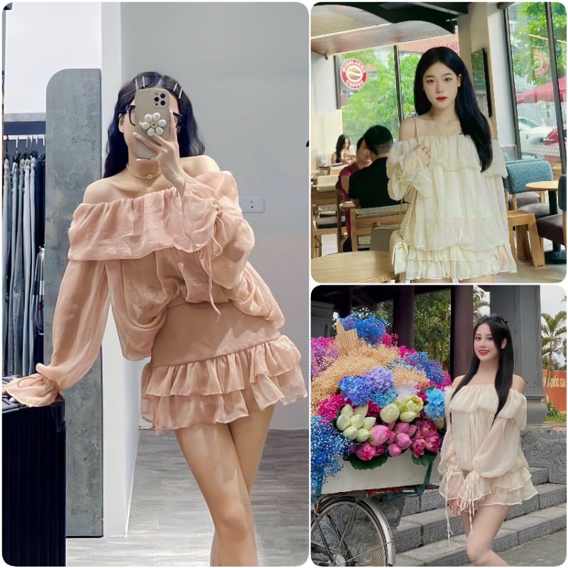 Sét Váy Trễ Vai Von Mềm Ulzzang Nhiều Màu Gồm Áo Trễ Vai + Chân Váy