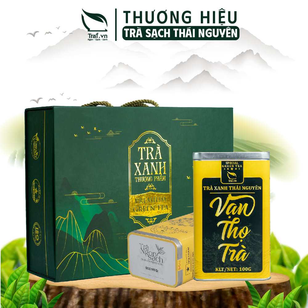 Trà Nõn Tôm Tân Cương Thái Nguyên, Chè Thái Nguyên, Hôp Quà Biếu Vạn Thọ Song Trà Traf Vina Set 2 Hộp 100G