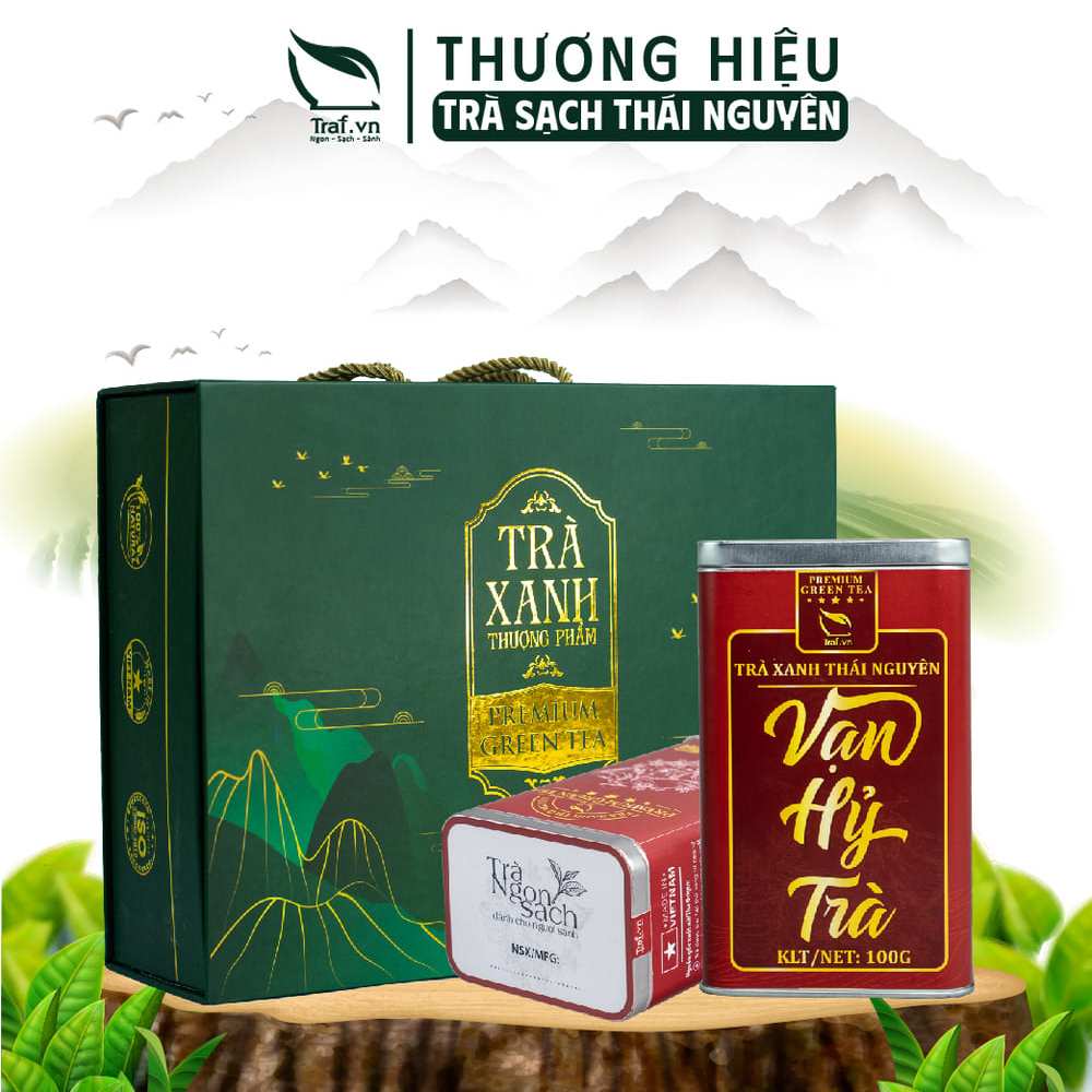 Trà Đinh Thái Nguyên Tân Cương Thượng Hạng, Chè Thái Nguyên VietGAP, Hộp Quà Biếu Vạn Hỷ Trà Traf Vina Set 2 Hộp 100G