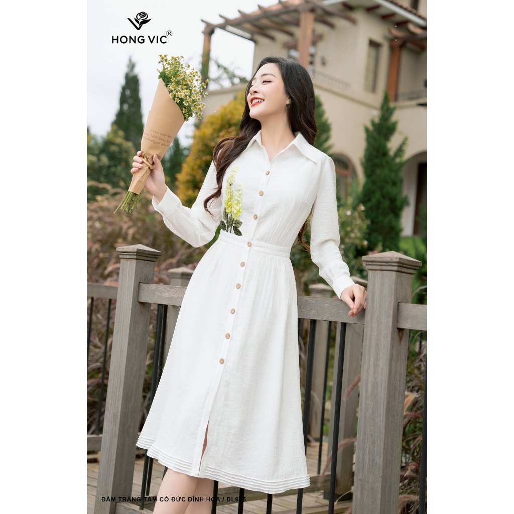 Đầm nữ thiết kế Hong Vic trắng tăm cổ đức đính hoa DL645