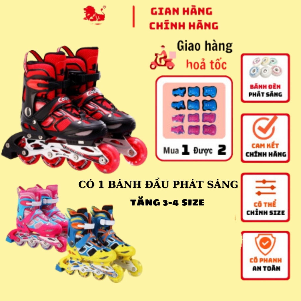 Giày Trượt Patin Trẻ Em Cougar 835LSG, Có Bánh Đèn Phát Sáng, Nút Chỉnh Size Tiện Lợi Tặng Kèm Bảo Hộ Tay Chân 6 Món