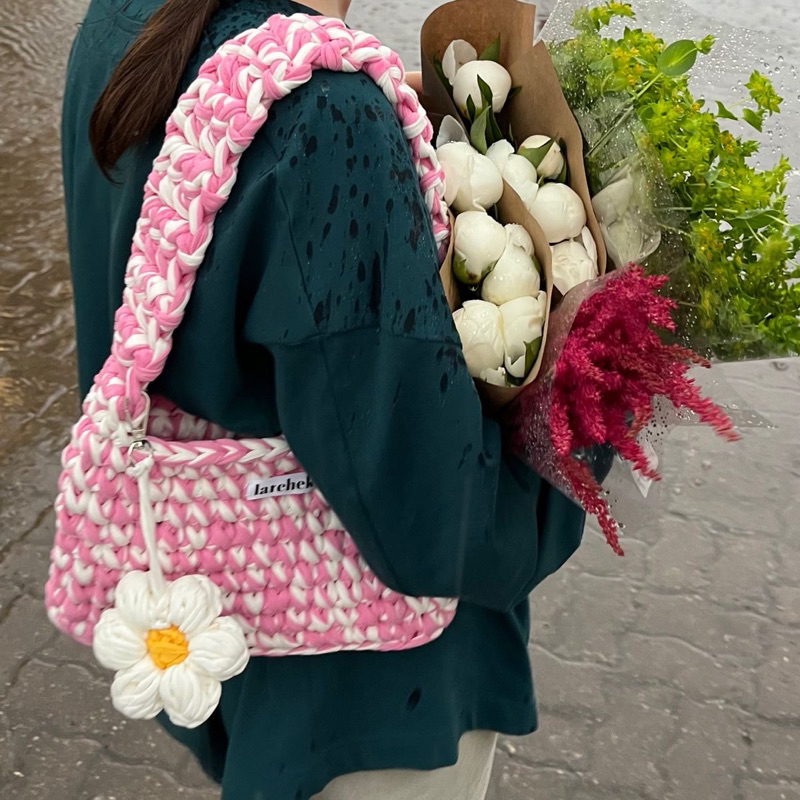 Túi xách handmade - Túi xách len móc kèm móc khoá hoa- Túi xách phong cách y2k, coquette nữ