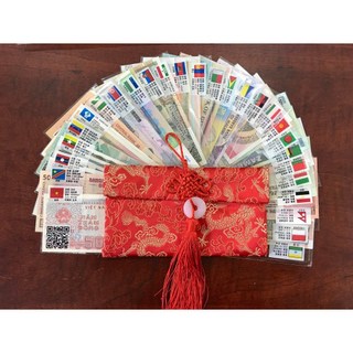Bao Lì Xì Tết 52 Tờ Tiền 28 Nước Quốc Gia đựng trong túi vải gấm kết ngọc bội