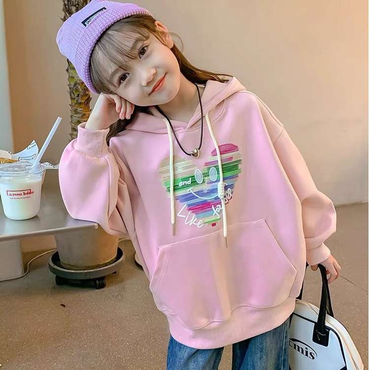 Áo hoodie bé gái Con Xinh phom rộng nỉ hình in Trái Tim cho bé từ 14kg đến 48kg