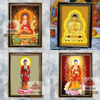 Tranh Phật A Di Đà 36x48cm bằng vải phủ bóng khung composite xịn xò