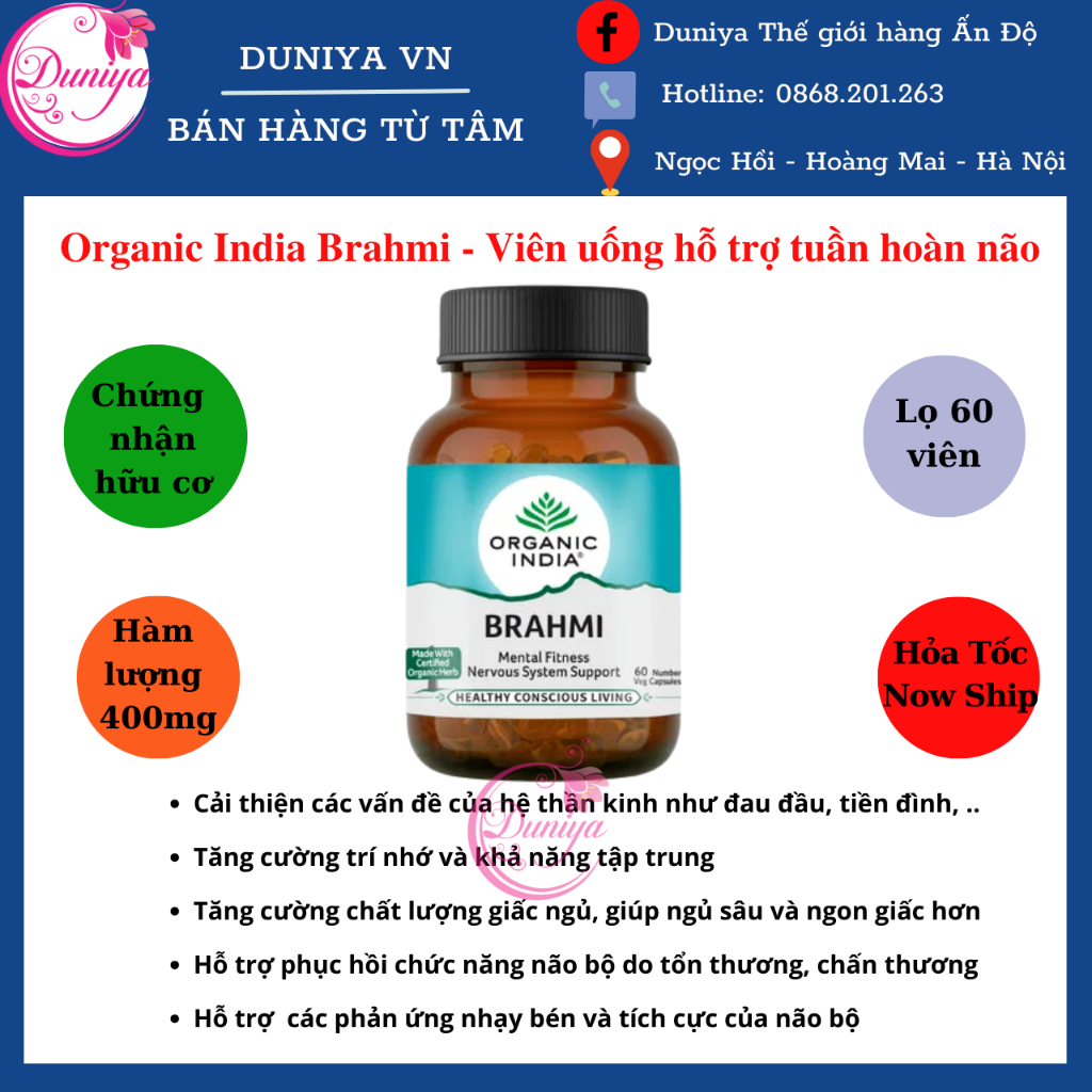 Viên uống hỗ trợ tuần hoàn não Organic India Brahmi