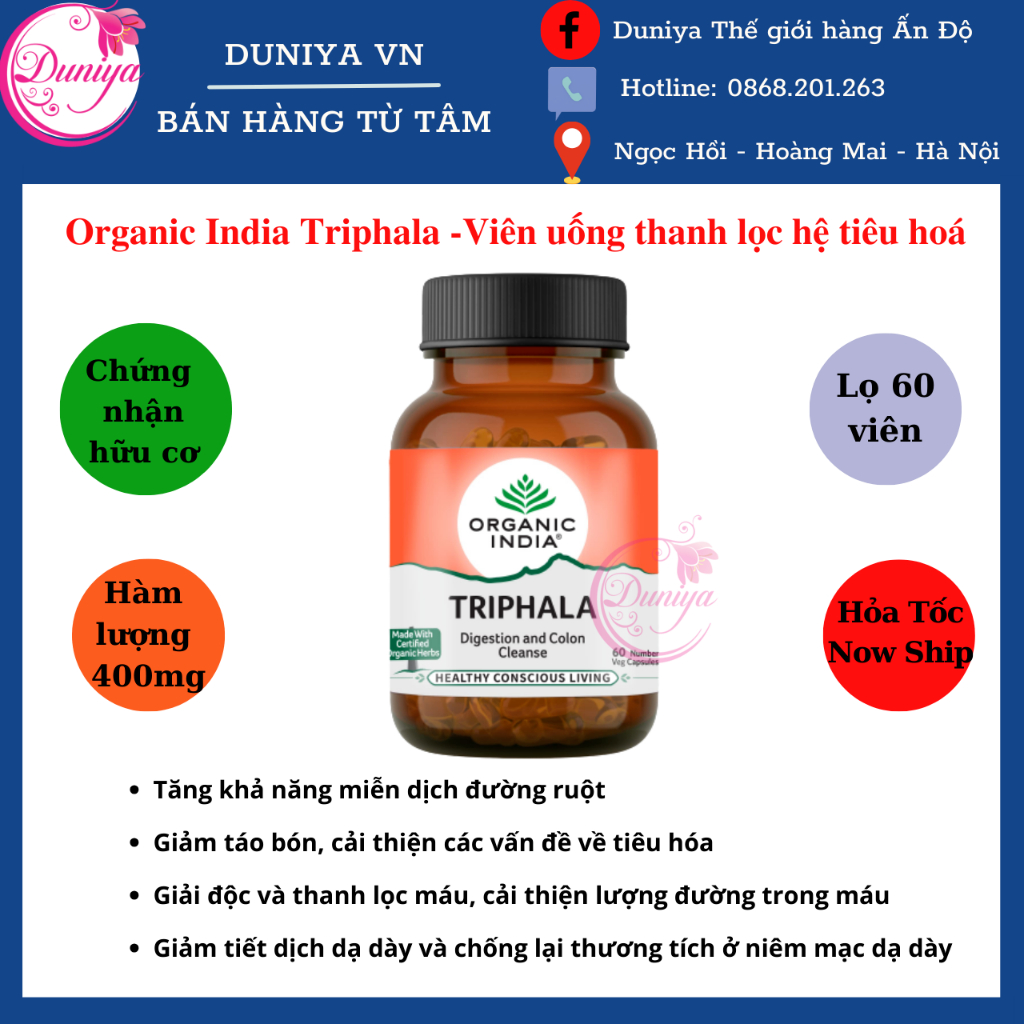 Viên uống thanh lọc hệ tiêu hóa Organic India Triphala