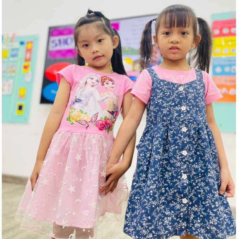 Váy cho bé gái in hình công chúa Elsa và Anna siêu dễ thương mặc đi học, đi chơi