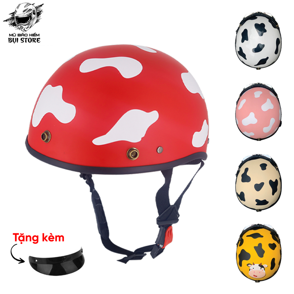Mũ bảo hiểm nửa đầu 1/2 tem bò sữa kèm kính - tặng kèm lưỡi trai