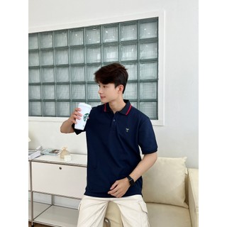 Áo polo đơn giản màu xanh navy cổ viền đỏ, teight basic polo, navy blue