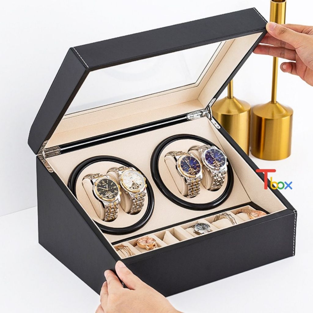 Hộp đựng đồng hồ cơ xoay tự động Tbox, nhiều mẫu hộp xoay đồng hồ cơ 4 xoay 6 bay  bọc da sang trọng mặt trên kính