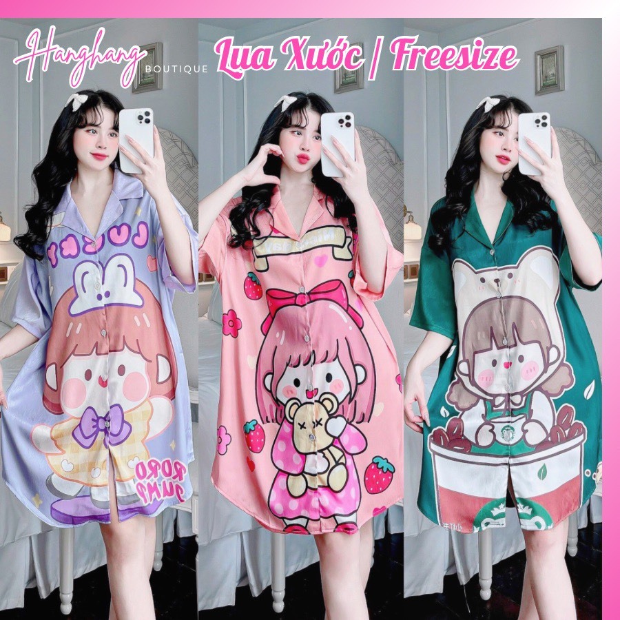 Đầm váy ngủ sơ mi lụa xước dễ thương dáng rộng bigsize 50-75kg, váy ngủ lụa cute đầm bầu mặc nhà xinh giá rẻ