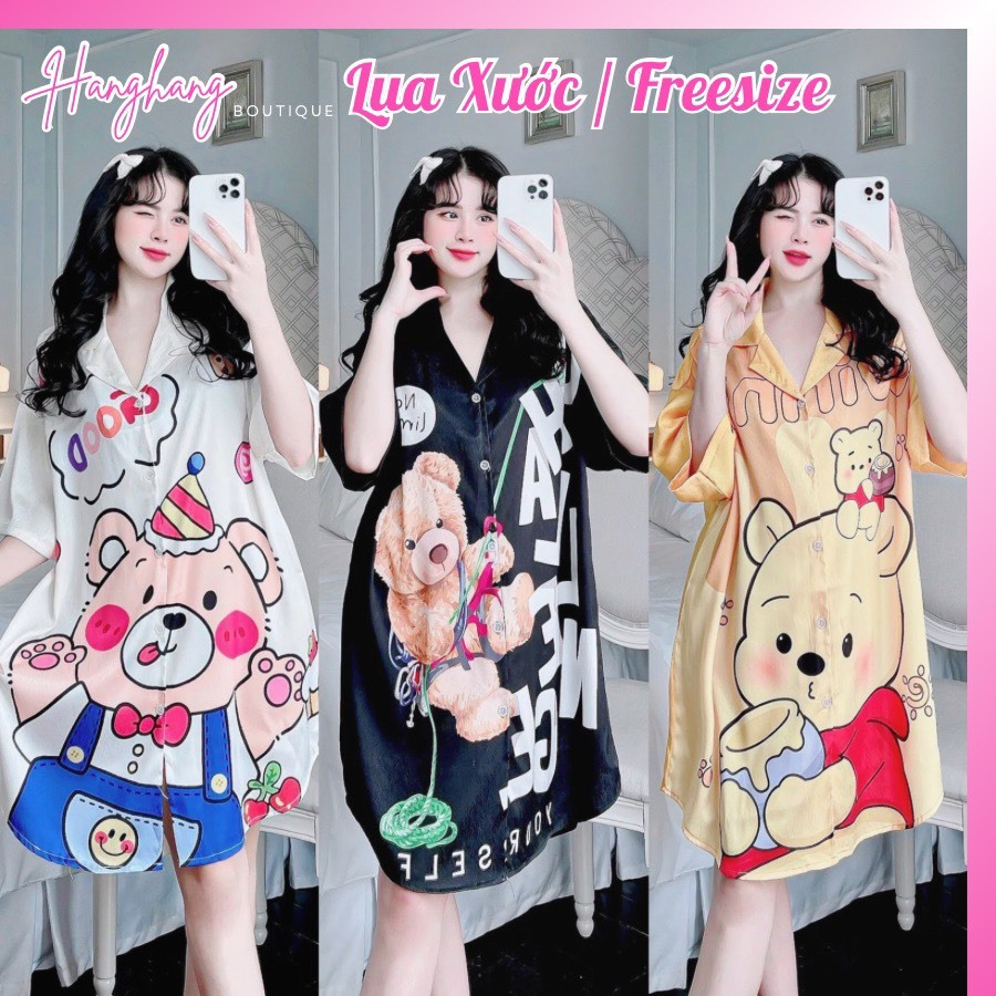 Đầm váy ngủ sơ mi lụa xước dễ thương dáng rộng bigsize 50-75kg, váy ngủ lụa cute đầm bầu mặc nhà xinh giá rẻ