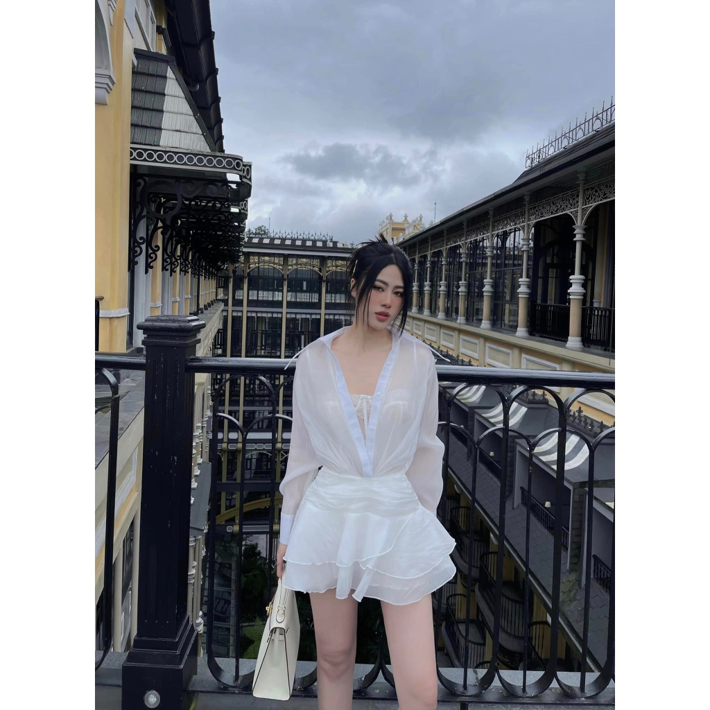 Váy tơ cổ sơ mi vạt nhọn 𝐀𝐒𝐇𝐘𝐋𝐄𝐘 chân xoè