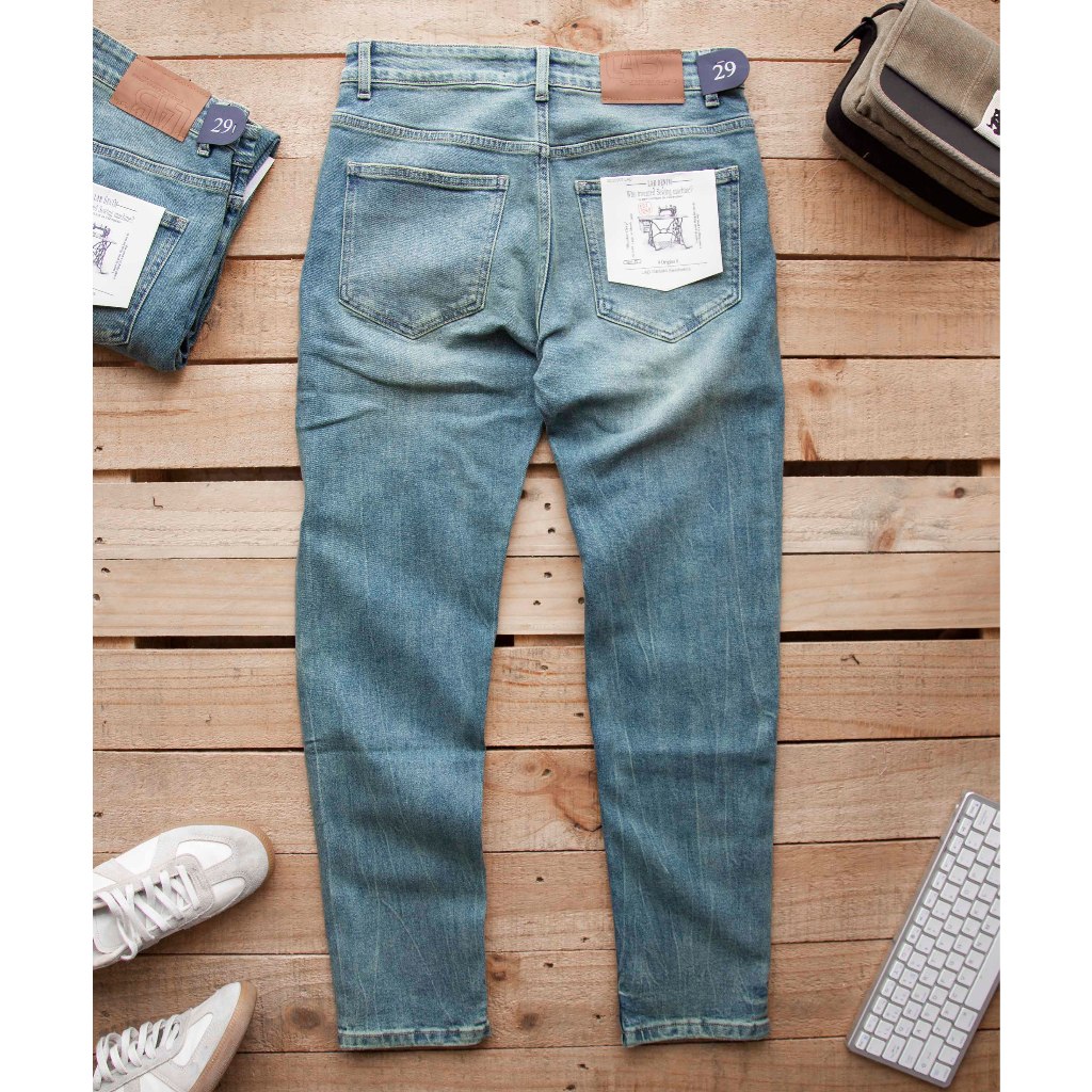 Quần jean nam LAB+ COTTONLAB quần bò nam màu xanh wash bụi bặm chất co dãn, from slimfit cao cấp S230902LAB
