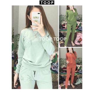 Bộ mặc nhà dáng dài hình bông hoa trà - Set đồ thời trang nữ mặc mùa thu đông