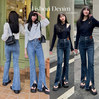 Quần Jean Ống Loe Xẻ Giữa "Lisbon Denim" Tulidu Lưng Cao 2 Khuy Đường May Xéo Vải Chất Cotton Denim Co Giãn Mềm Mịn