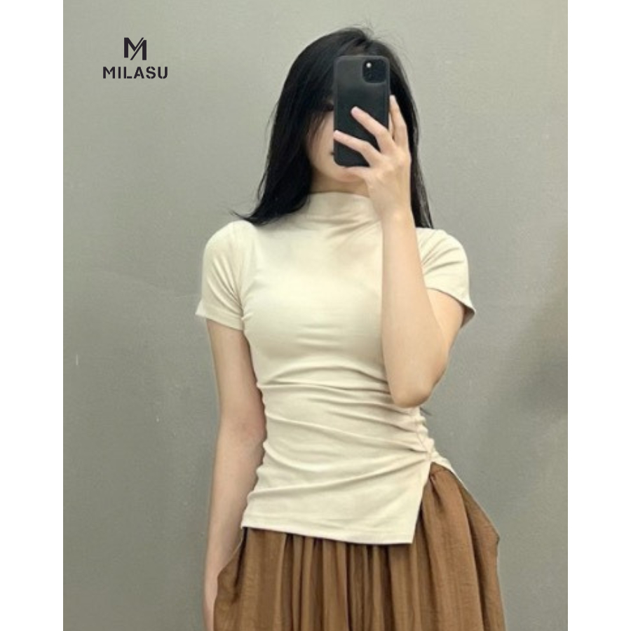Áo Thun Cộc Tay Nhúm Eo Xẻ Tà, Áo Thun Cổ 3 Phân Nhiều Màu MILASU_AT124