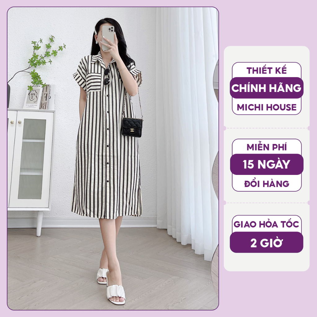 Đầm Suông Công Sở Michi House Váy Sơ Mi Dáng Suông Thiết Kế Dáng Dài Qua Gối Họa Tiết Kẻ Sọc Freesize Bầu Mặc Xinh K16
