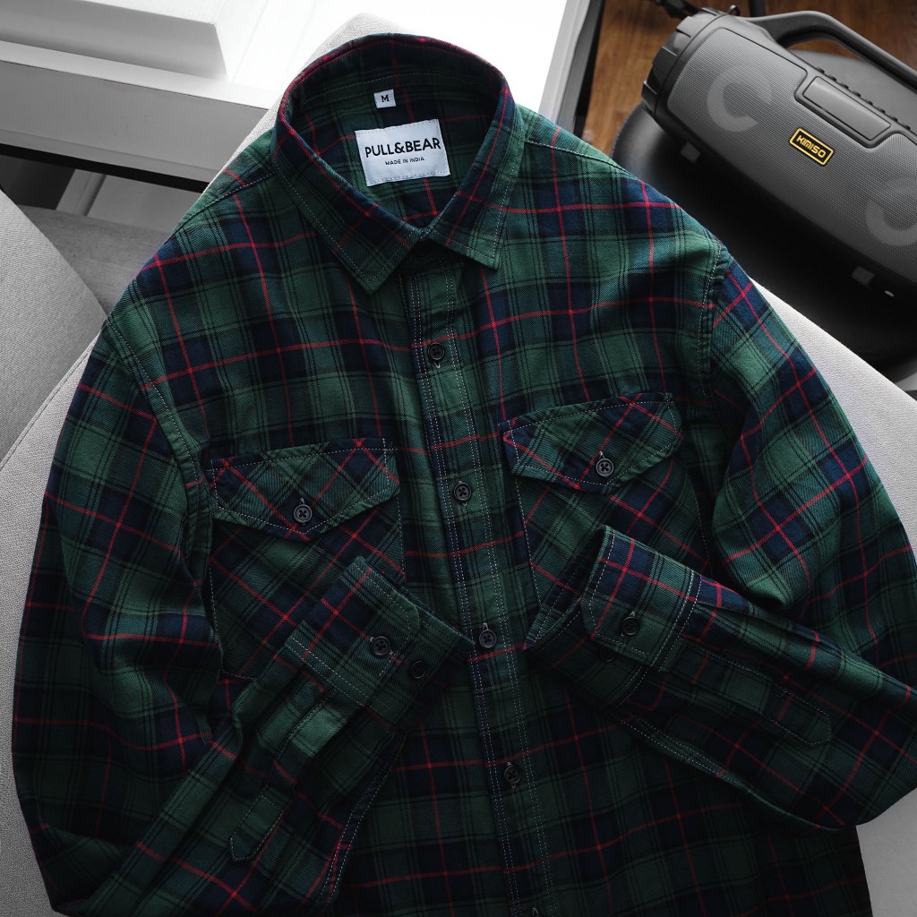 Sơ mi nam caro Flannel 2 túi cổ điển - Màu Xanh Lá