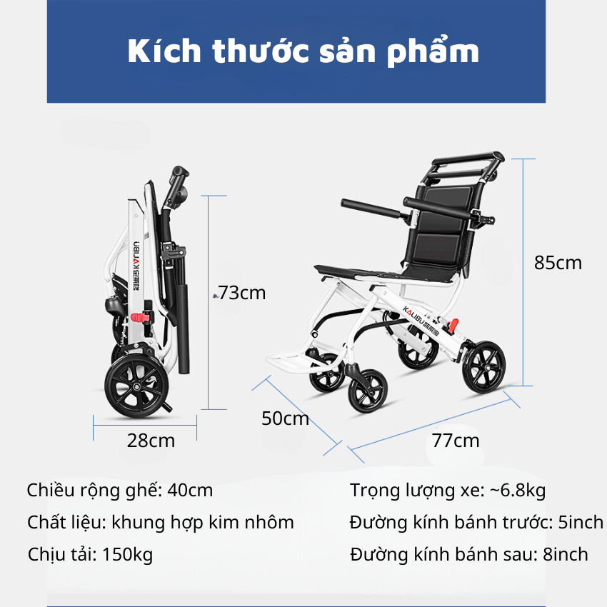 Xe lăn người già gấp gọn Kalibu, xe đẩy siêu nhẹ 6.8kg mang đi du lịch, dã ngoại, xách lên máy bay