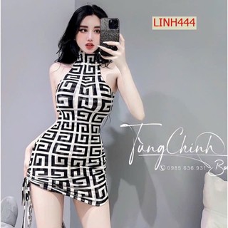 Đầm lưới cổ lọ sát nách ôm body dáng ngắn phối màu họa tiết cực hot hit