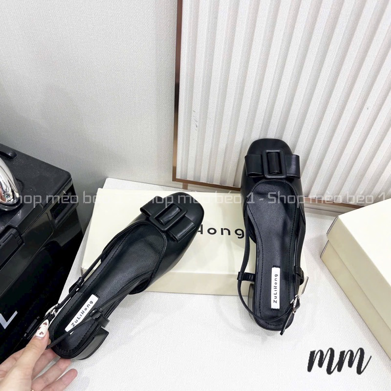Sandal mũi vuông nơ ngang basjc gót vuông fullbox hàng quảng châu cao cấp