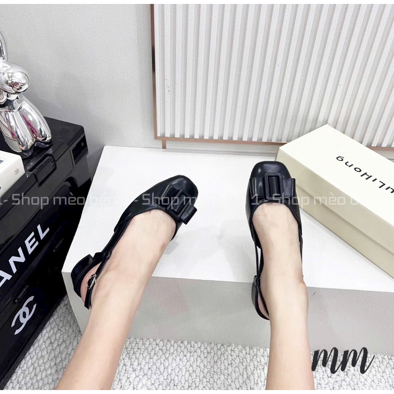 Sandal mũi vuông nơ ngang basjc gót vuông fullbox hàng quảng châu cao cấp