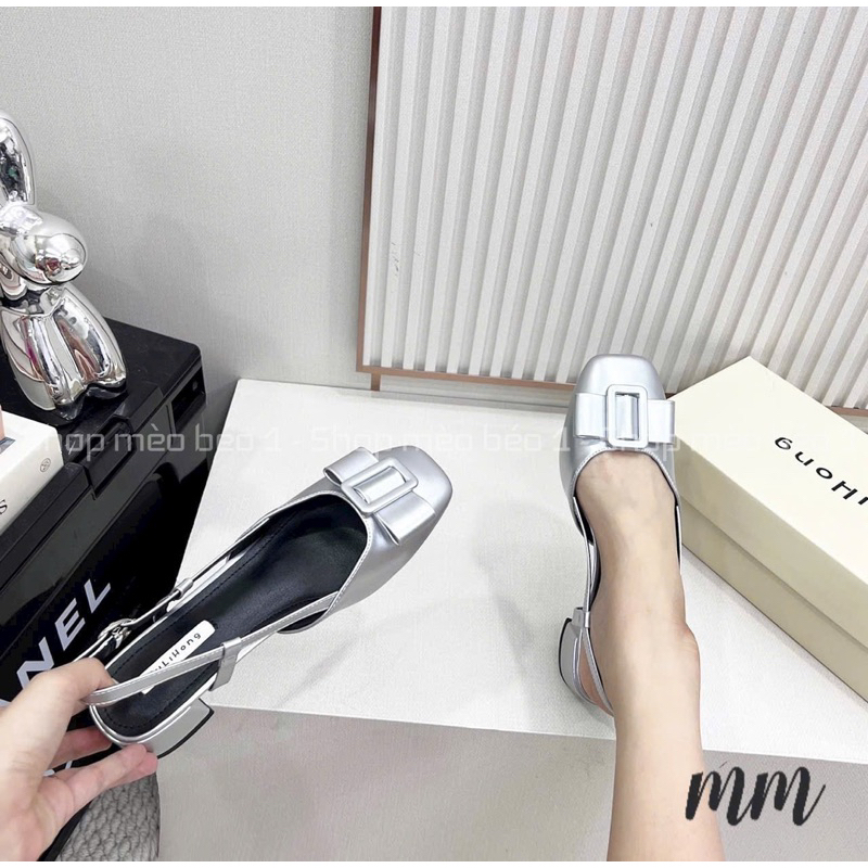 Sandal mũi vuông nơ ngang basjc gót vuông fullbox hàng quảng châu cao cấp