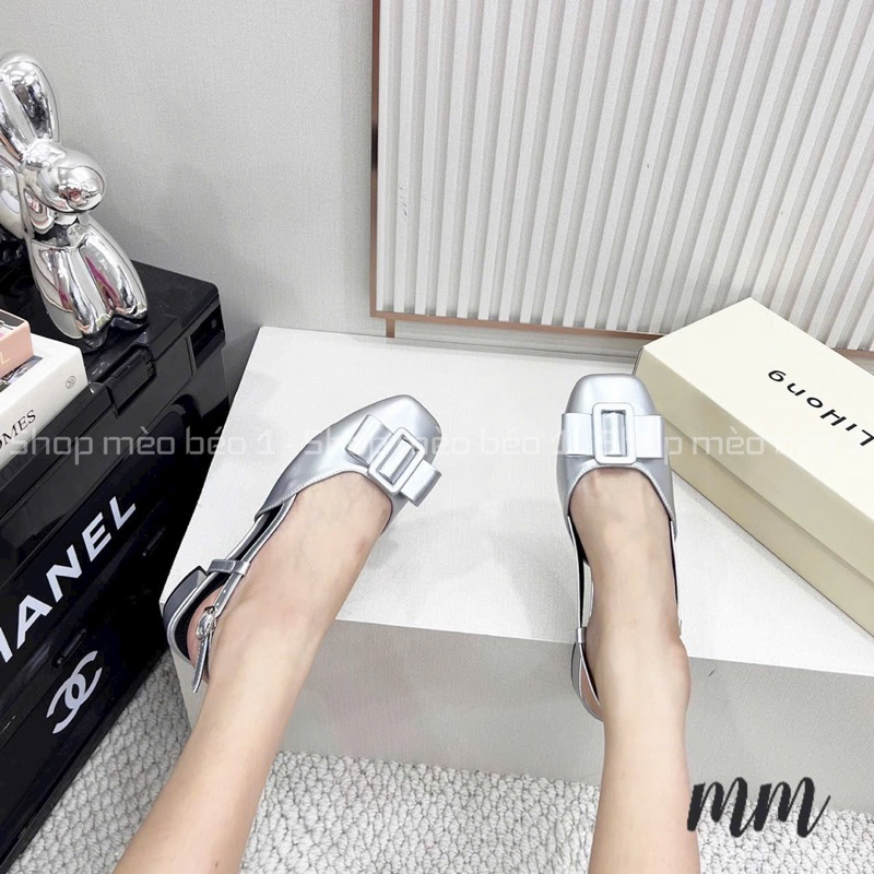 Sandal mũi vuông nơ ngang basjc gót vuông fullbox hàng quảng châu cao cấp