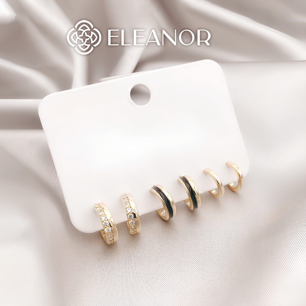 Set 3 bông tai nữ chuôi bạc 925 Eleanor Accessories khuyên tròn đính đá phụ kiện trang sức 6377