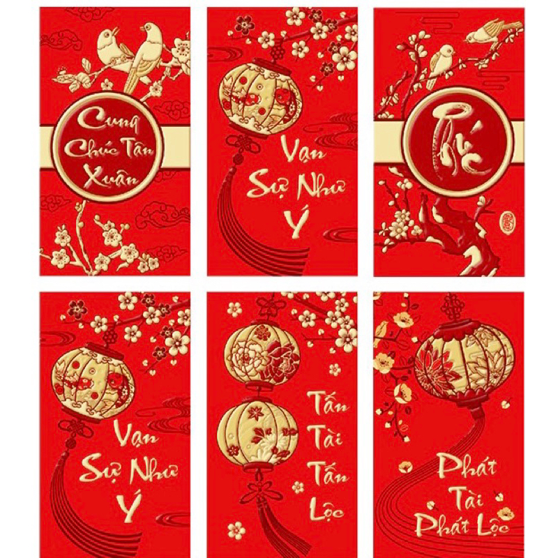 Lì Xì Tết Xuân Giáp Thìn 2024, Lì Xì 6 Chiếc Màu Đỏ Truyền Thống Thiết Kế 3D Chữ Nổi Nhũ Vàng Vô Cùng Đẹp Mắt