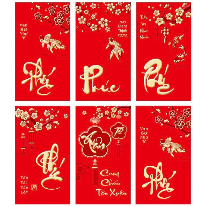 Lì Xì Tết Xuân Giáp Thìn 2024, Lì Xì 6 Chiếc Màu Đỏ Truyền Thống Thiết Kế 3D Chữ Nổi Nhũ Vàng Vô Cùng Đẹp Mắt