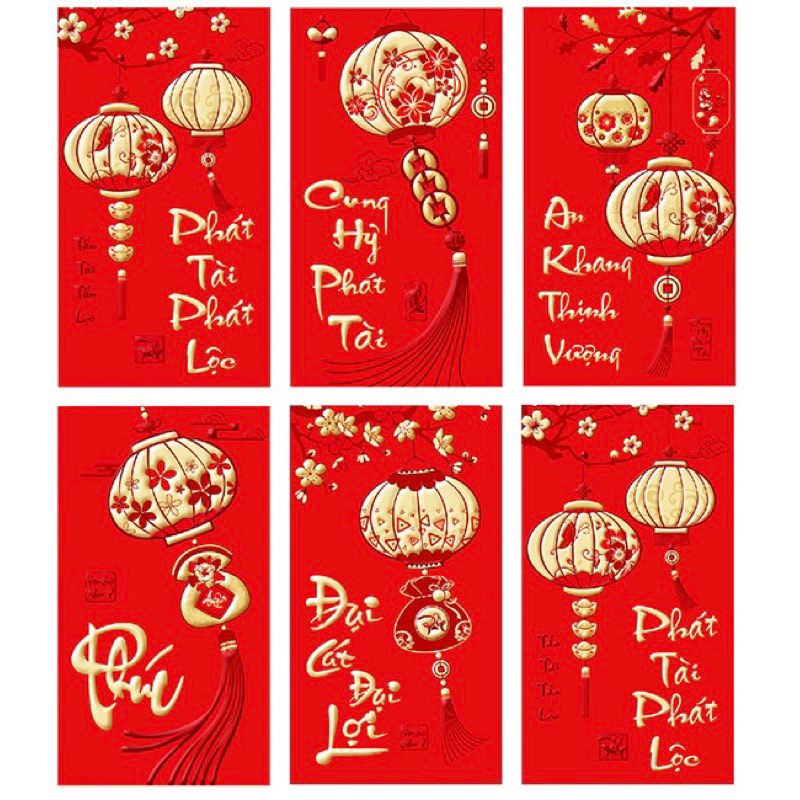 Lì Xì Tết Xuân Giáp Thìn 2024, Lì Xì 6 Chiếc Màu Đỏ Truyền Thống Thiết Kế 3D Chữ Nổi Nhũ Vàng Vô Cùng Đẹp Mắt